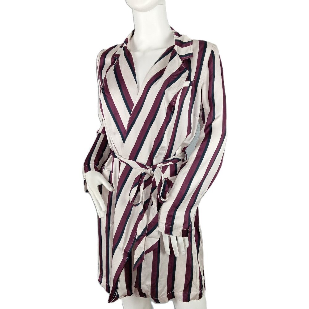 Chaser Women's Silky Wrap Mini Dress Size Small Cream Maroon Striped Sash Belt